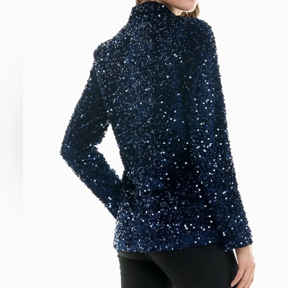 Nanette Lepore Girls’ Night Out Sapphire Blue Velvet Sequin Blazer Jacket - Picture 2 of 16